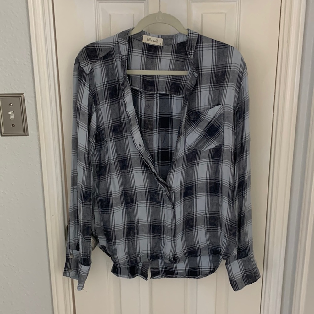 Bella Dahl light blue and navy long sleeve button top